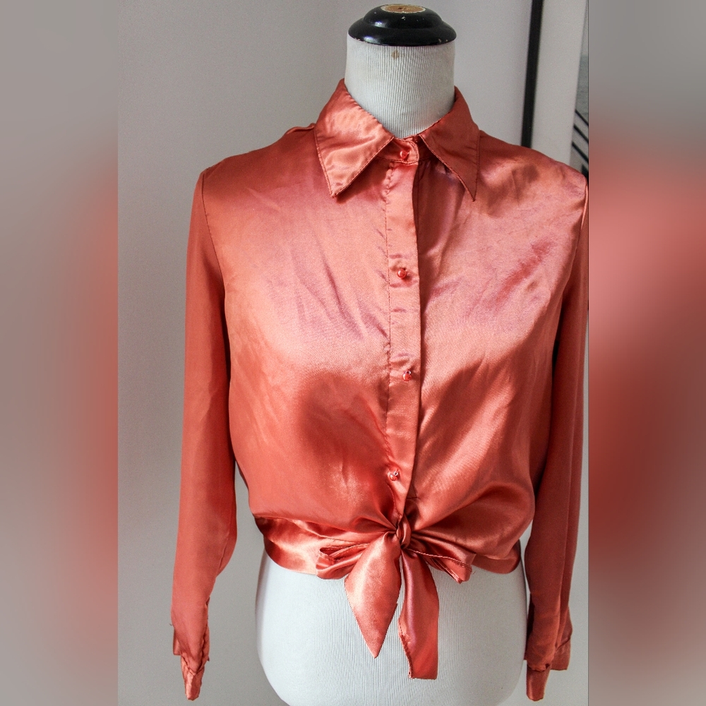 SOLD-Vintage 1950s Orange Satin Tie Front Western Crop Top / Shiny Dagger - Picture 4 of 9